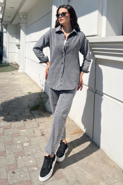 Düz Gömlek Yaka Kadın Füme Tensel Taş Detaylı İkili Takım - 25365 