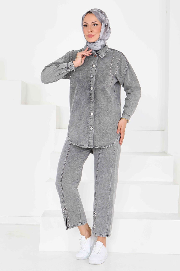 Düz Gömlek Yaka Kadın Füme Tensel Taş Detaylı İkili Takım - 25365 - TOFİSA