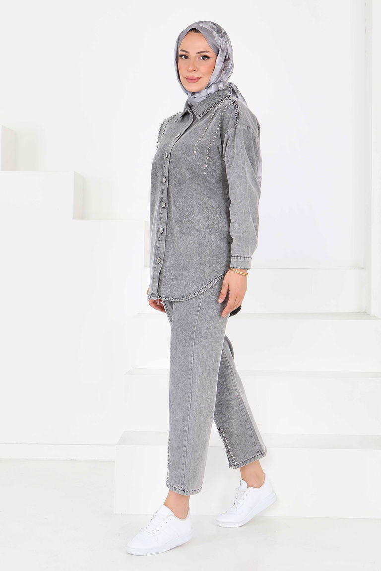 Düz Gömlek Yaka Kadın Füme Tensel Taş Detaylı İkili Takım - 25365 - TOFİSA