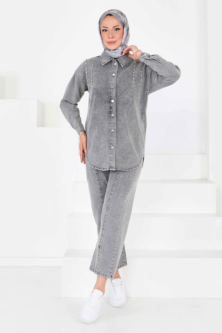 Düz Gömlek Yaka Kadın Füme Tensel Taş Detaylı İkili Takım - 25365 - TOFİSA