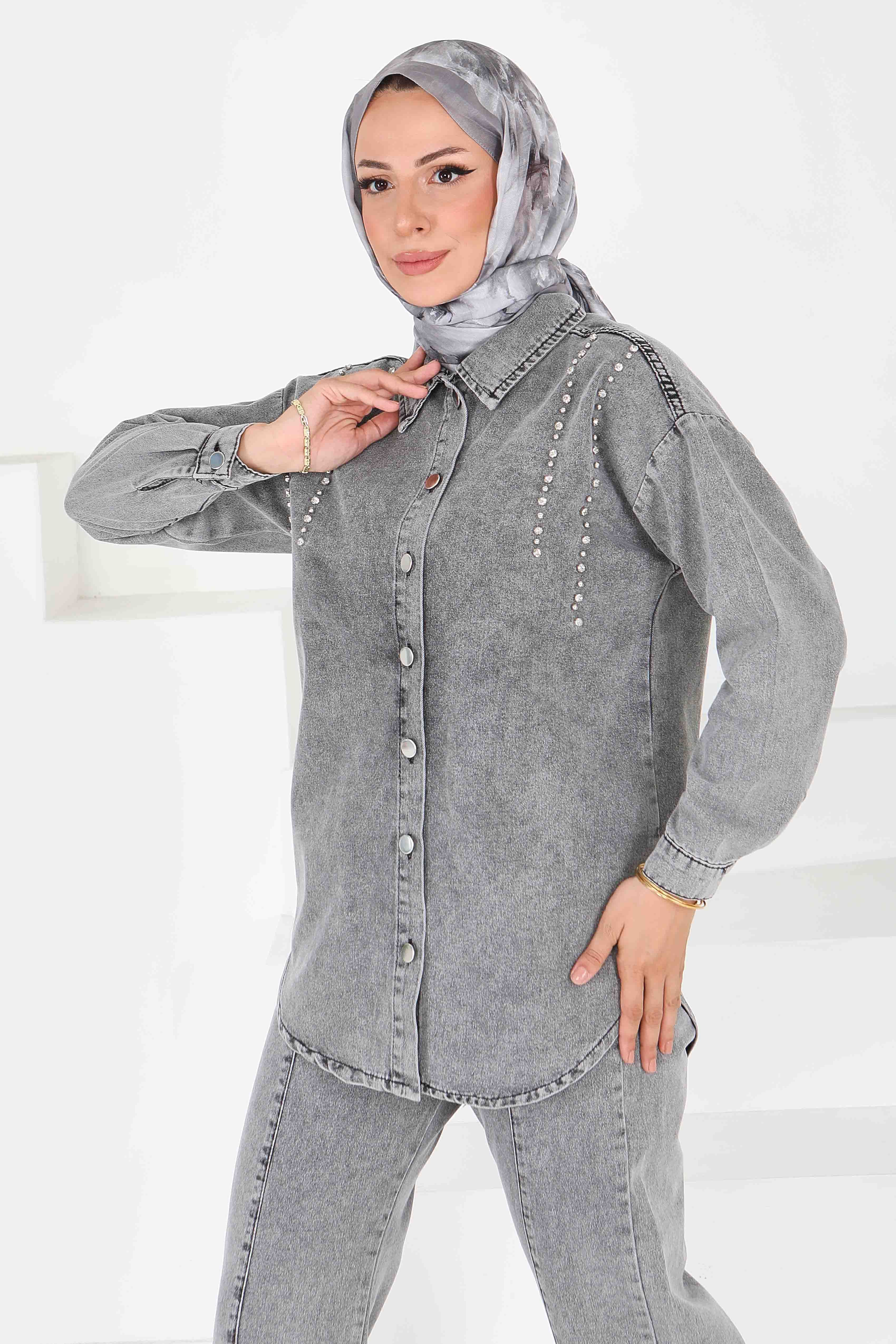 Düz Gömlek Yaka Kadın Füme Tensel Taş Detaylı İkili Takım - 25365 - 2