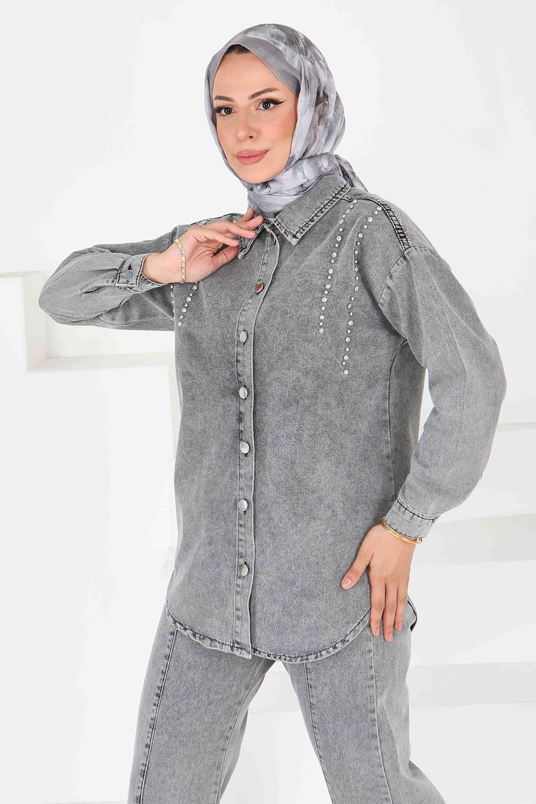 Düz Gömlek Yaka Kadın Füme Tensel Taş Detaylı İkili Takım - 25365 - TOFİSA