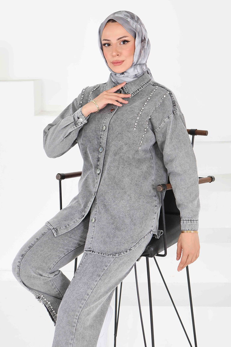 Düz Gömlek Yaka Kadın Füme Tensel Taş Detaylı İkili Takım - 25365 - TOFİSA