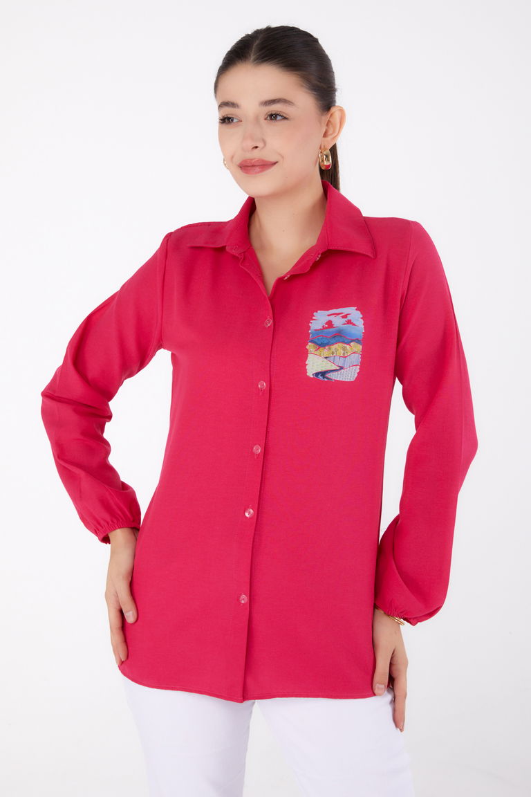 Düz Gömlek Yaka Kadın Fusya Baskılı Gömlek - 13340 - TOFİSA