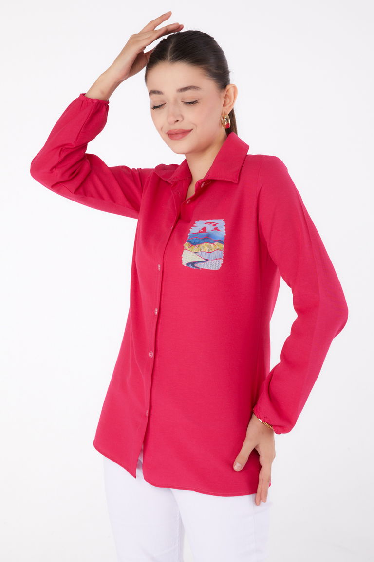 Düz Gömlek Yaka Kadın Fusya Baskılı Gömlek - 13340 - TOFİSA