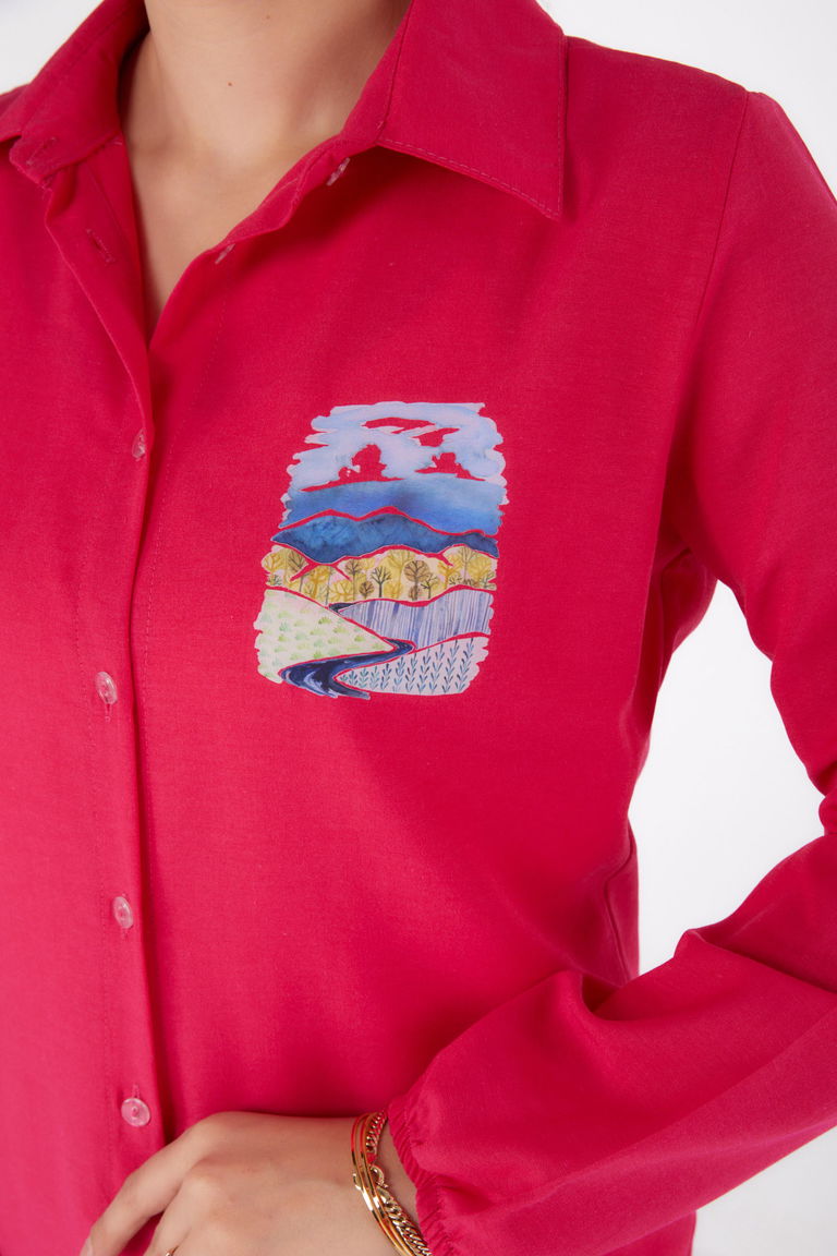 Düz Gömlek Yaka Kadın Fusya Baskılı Gömlek - 13340 - TOFİSA