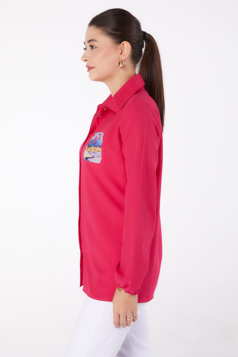 Düz Gömlek Yaka Kadın Fusya Baskılı Gömlek - 13340 - TOFİSA