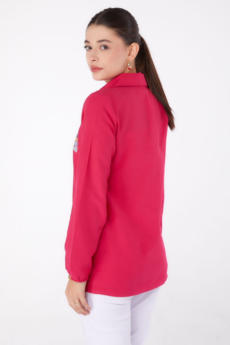 Düz Gömlek Yaka Kadın Fusya Baskılı Gömlek - 13340 - TOFİSA