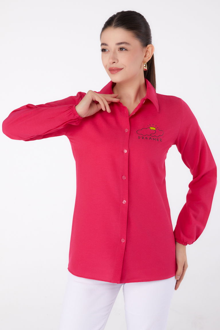 Düz Gömlek Yaka Kadın Fusya Baskılı Gömlek - 13342 - TOFİSA