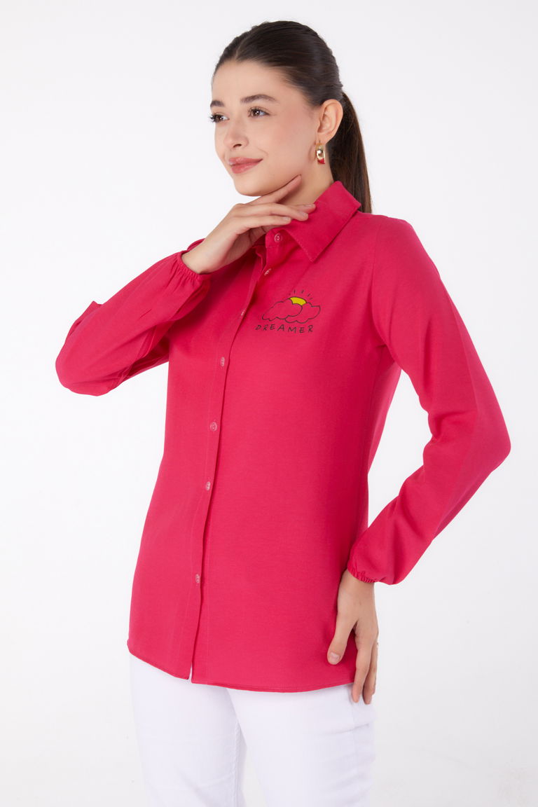 Düz Gömlek Yaka Kadın Fusya Baskılı Gömlek - 13342 - TOFİSA