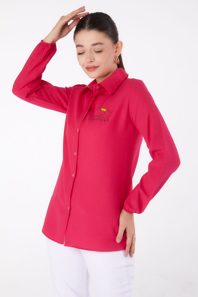 Düz Gömlek Yaka Kadın Fusya Baskılı Gömlek - 13342 - TOFİSA