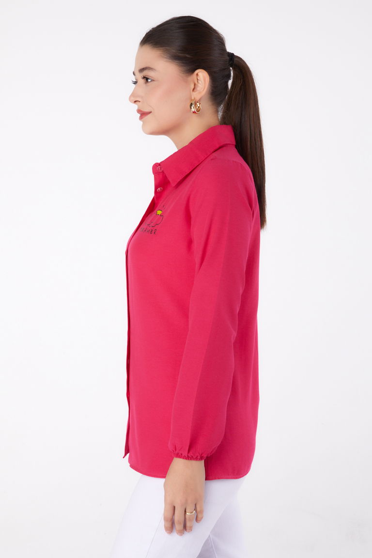 Düz Gömlek Yaka Kadın Fusya Baskılı Gömlek - 13342 - TOFİSA