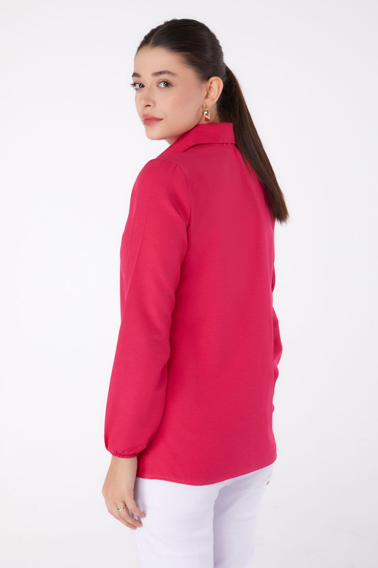 Düz Gömlek Yaka Kadın Fusya Baskılı Gömlek - 13342 - TOFİSA