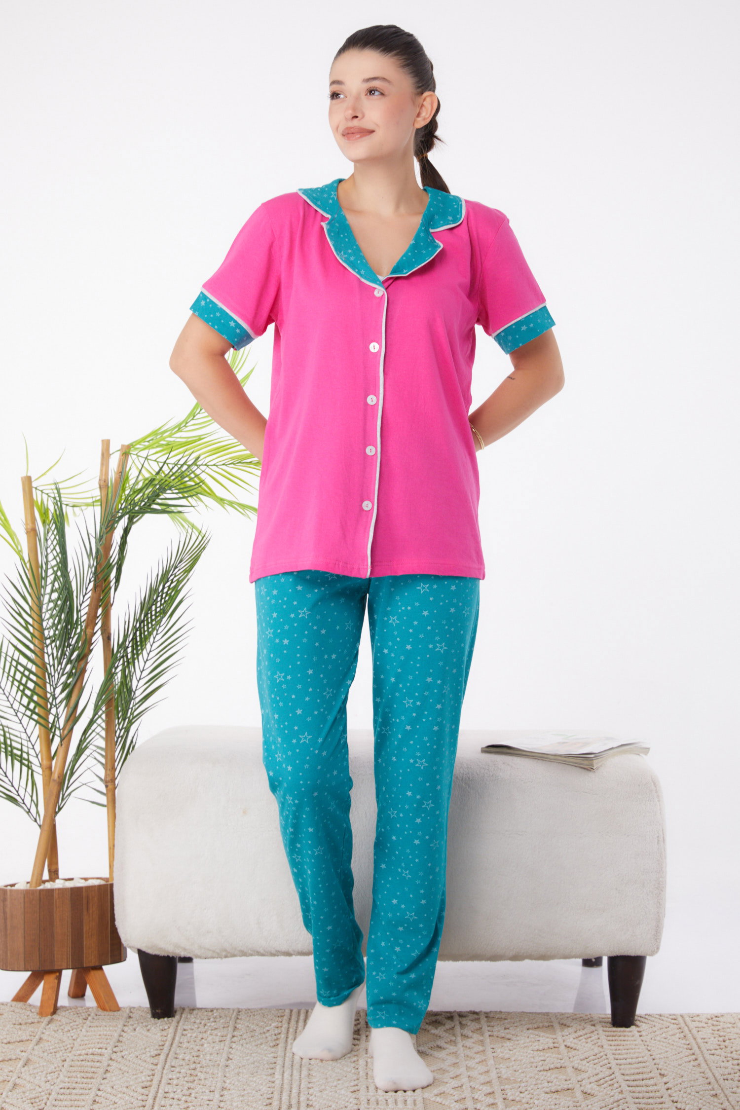 Düz Gömlek Yaka Kadın Fuşya Desenli Pijama Takımı - 25961 - 2