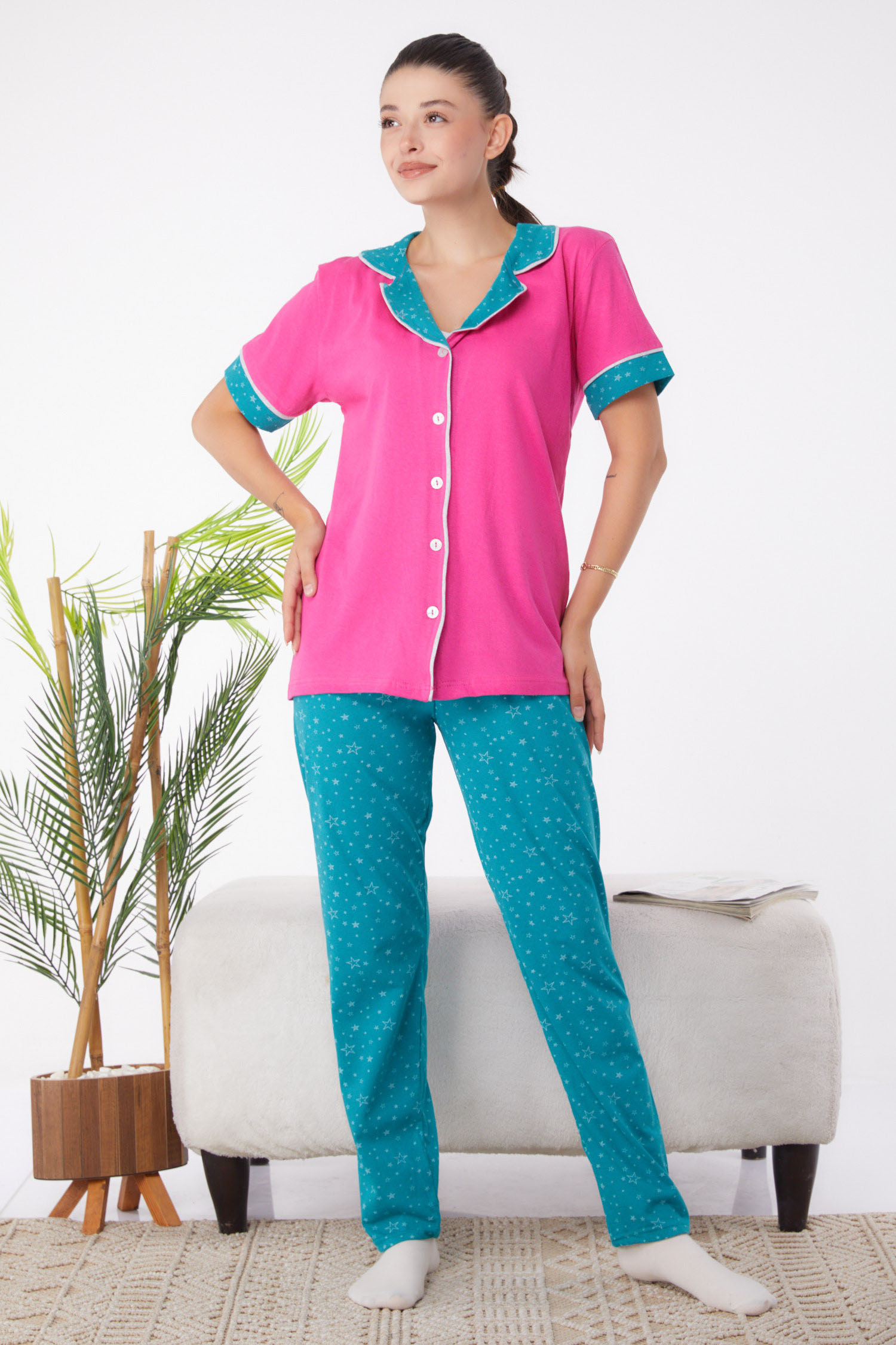 Düz Gömlek Yaka Kadın Fuşya Desenli Pijama Takımı - 25961 - 3
