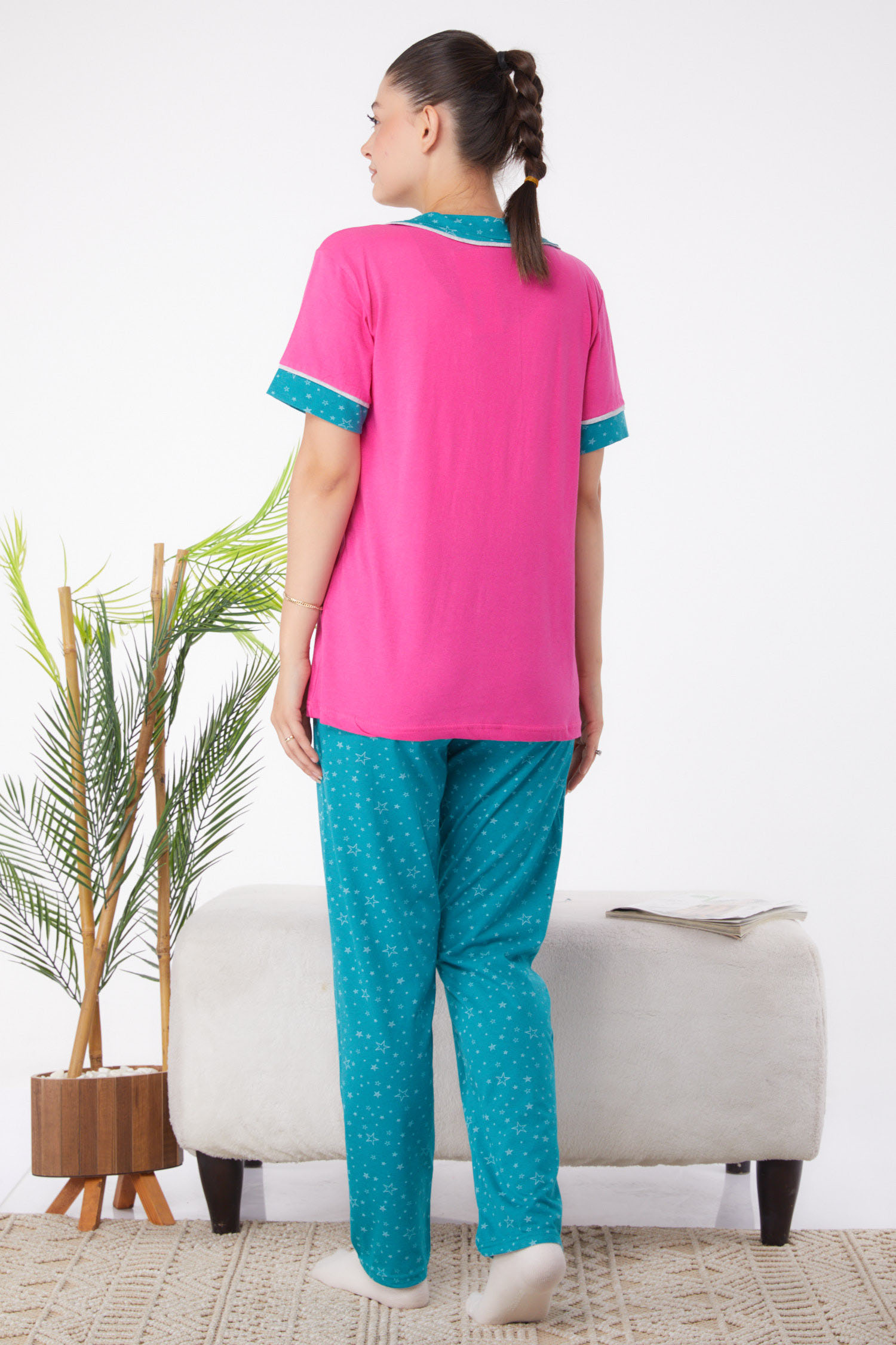 Düz Gömlek Yaka Kadın Fuşya Desenli Pijama Takımı - 25961 - 5