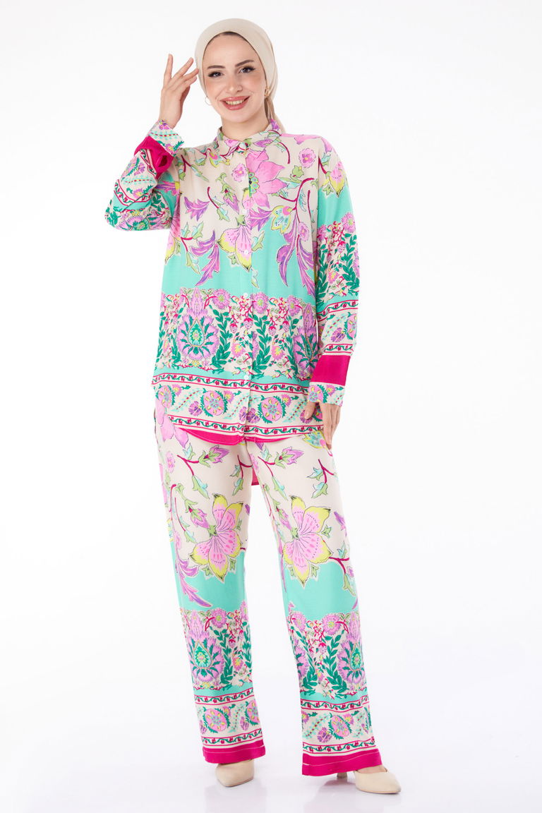 Düz Gömlek Yaka Kadın Fuşya Desenli Tunik Pantolon - 25604 - TOFİSA