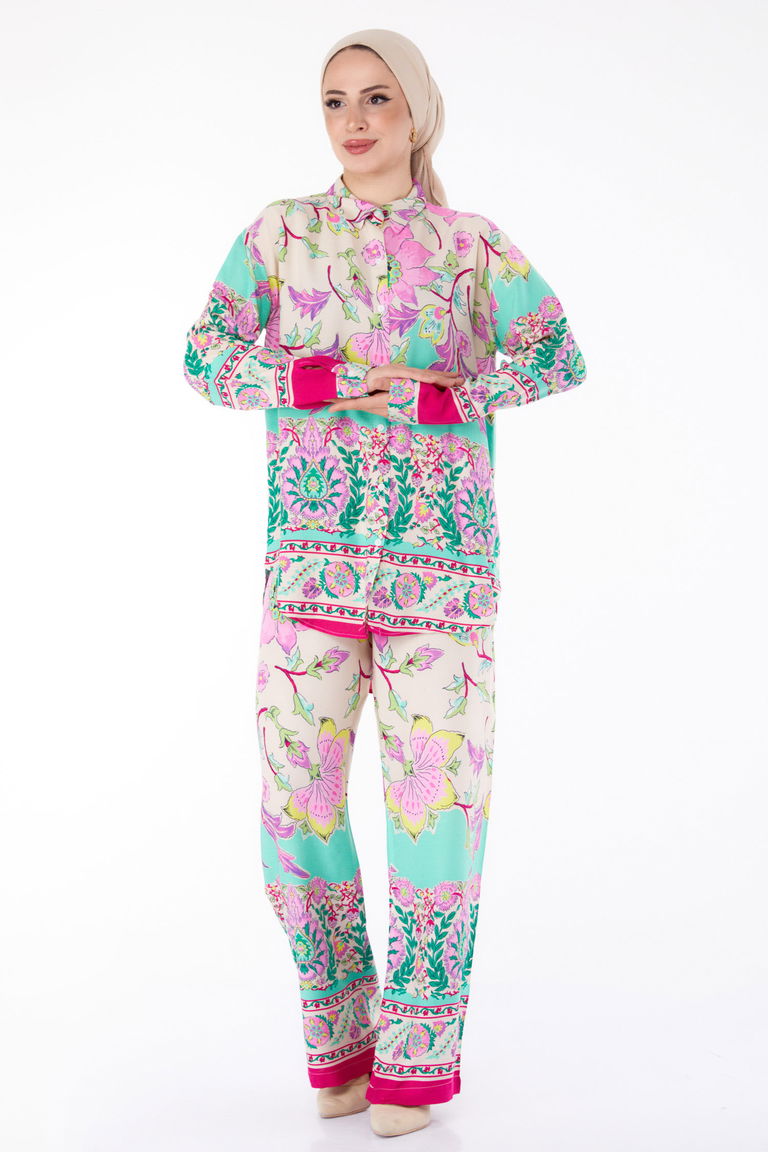 Düz Gömlek Yaka Kadın Fuşya Desenli Tunik Pantolon - 25604 - TOFİSA