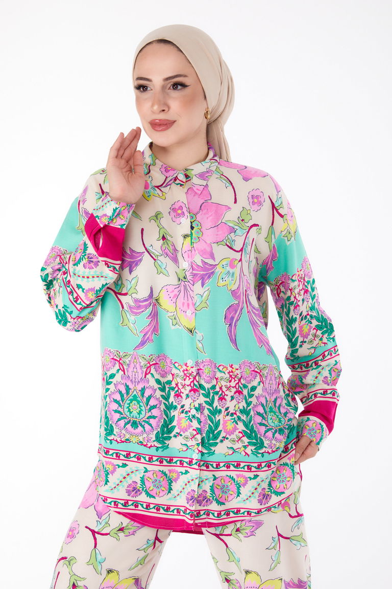 Düz Gömlek Yaka Kadın Fuşya Desenli Tunik Pantolon - 25604 - TOFİSA