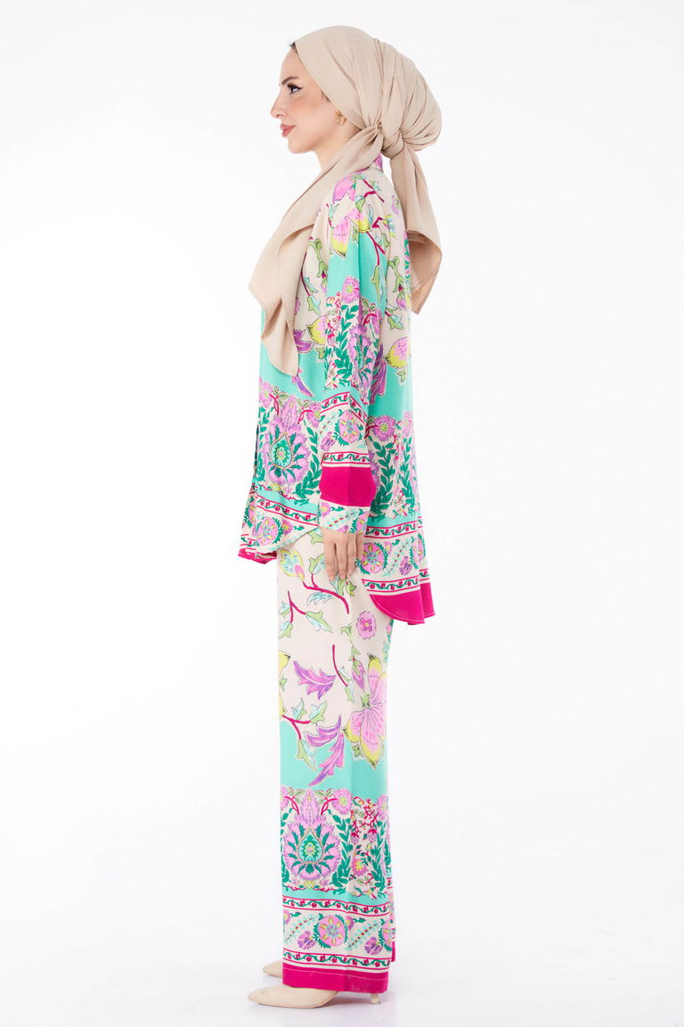 Düz Gömlek Yaka Kadın Fuşya Desenli Tunik Pantolon - 25604 - TOFİSA