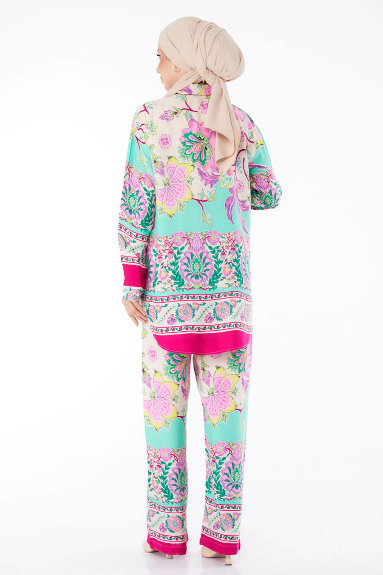 Düz Gömlek Yaka Kadın Fuşya Desenli Tunik Pantolon - 25604 - TOFİSA