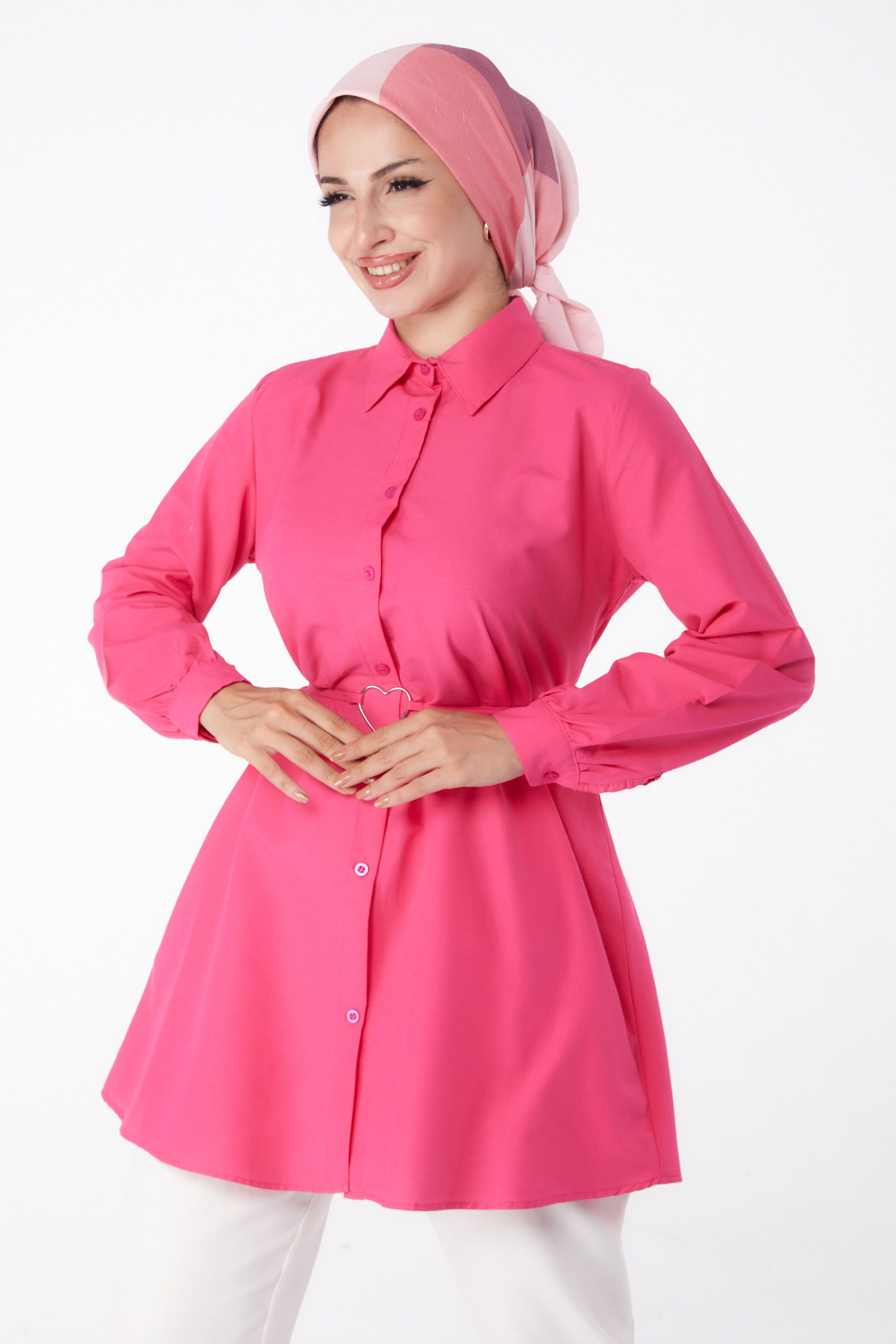 Düz Gömlek Yaka Kadın Fusya Tunik - 13280 - 2