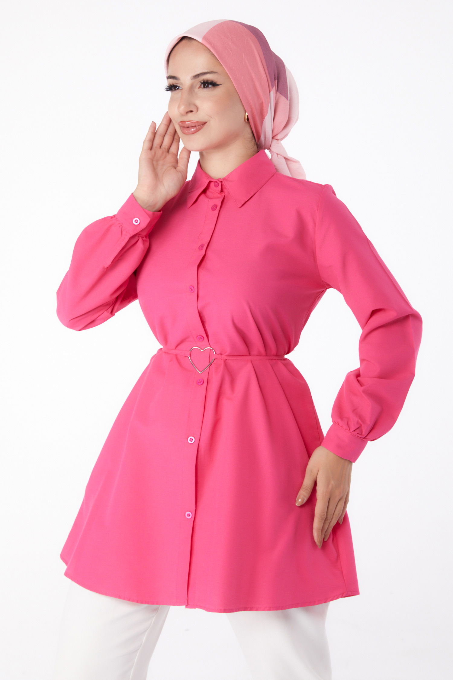 Düz Gömlek Yaka Kadın Fusya Tunik - 13280 - 3