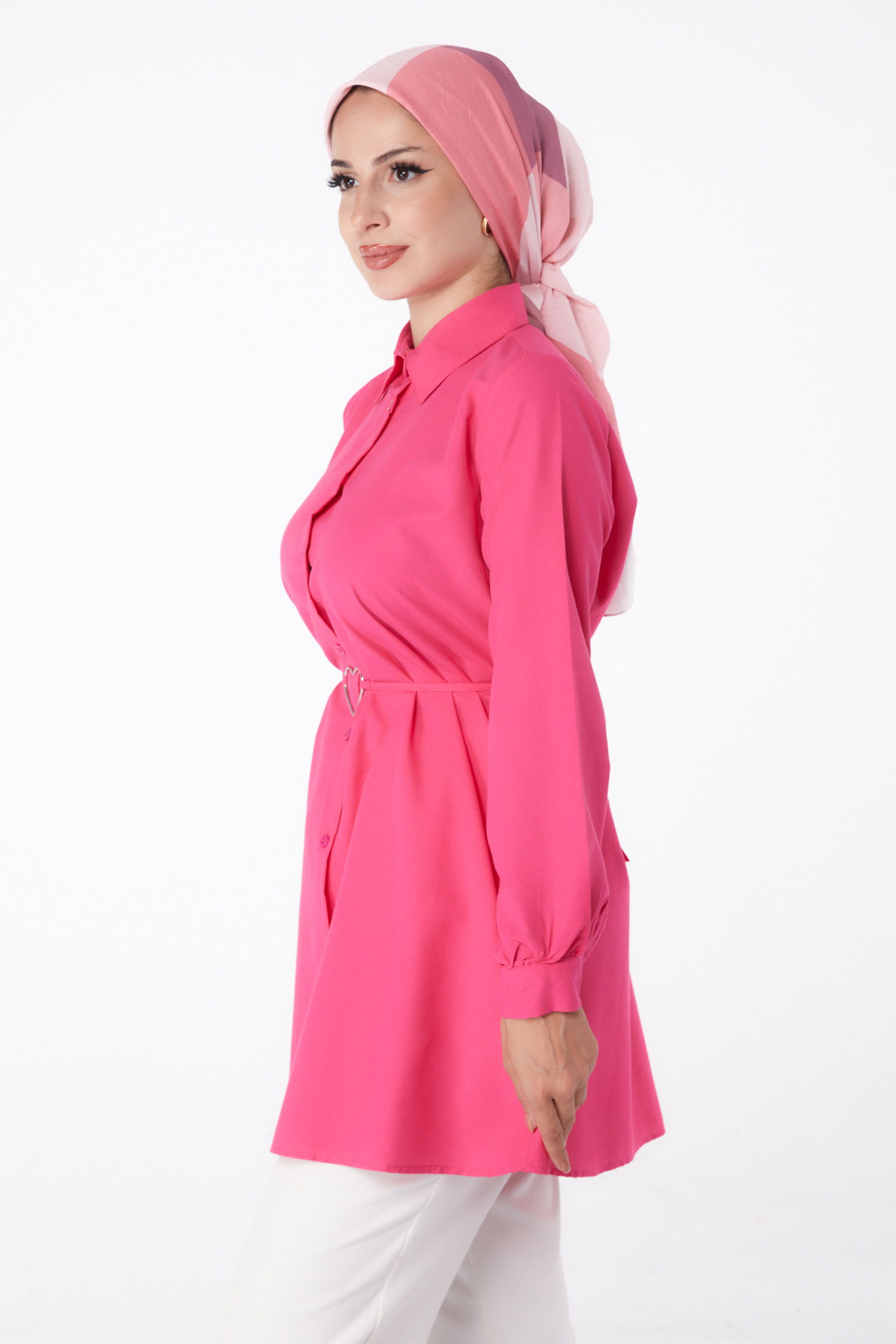 Düz Gömlek Yaka Kadın Fusya Tunik - 13280 - 4