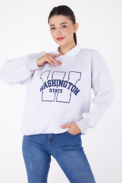 Düz Gömlek Yaka Kadın Gri Baskılı Sweatshirt - 26382 