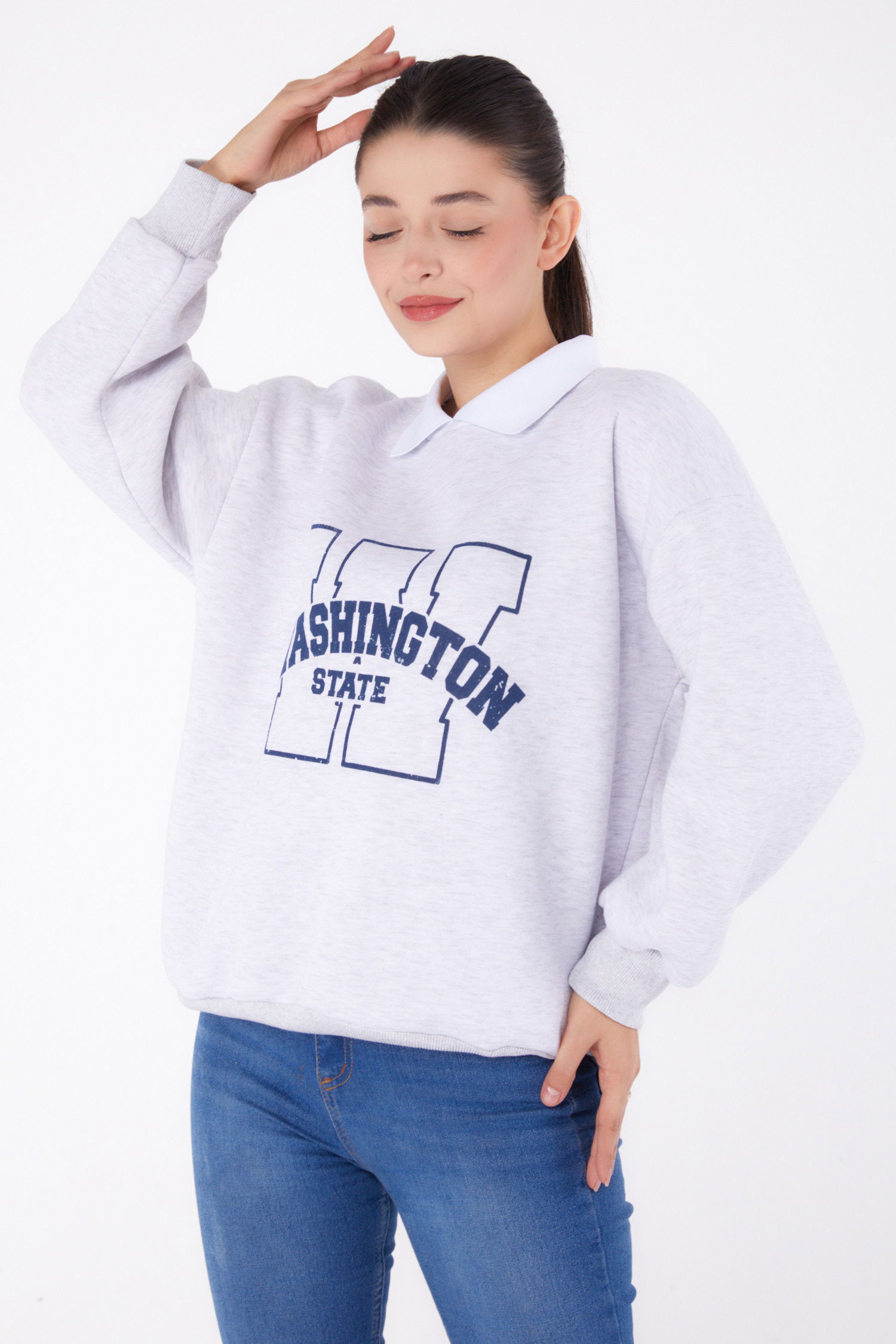 Düz Gömlek Yaka Kadın Gri Baskılı Sweatshirt - 26382 - 2
