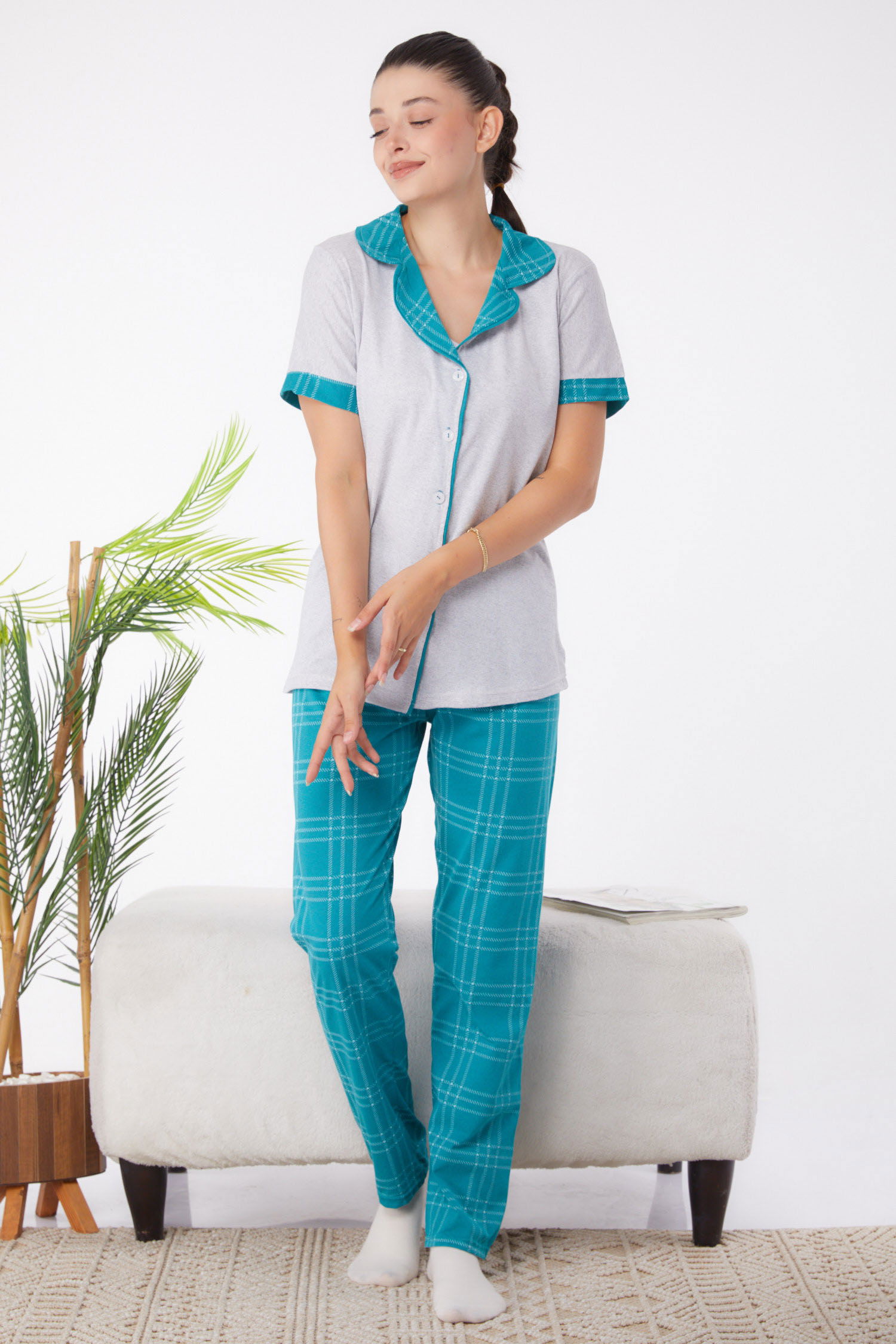 Düz Gömlek Yaka Kadın Gri Desenli Pijama Takımı - 25965 - 1