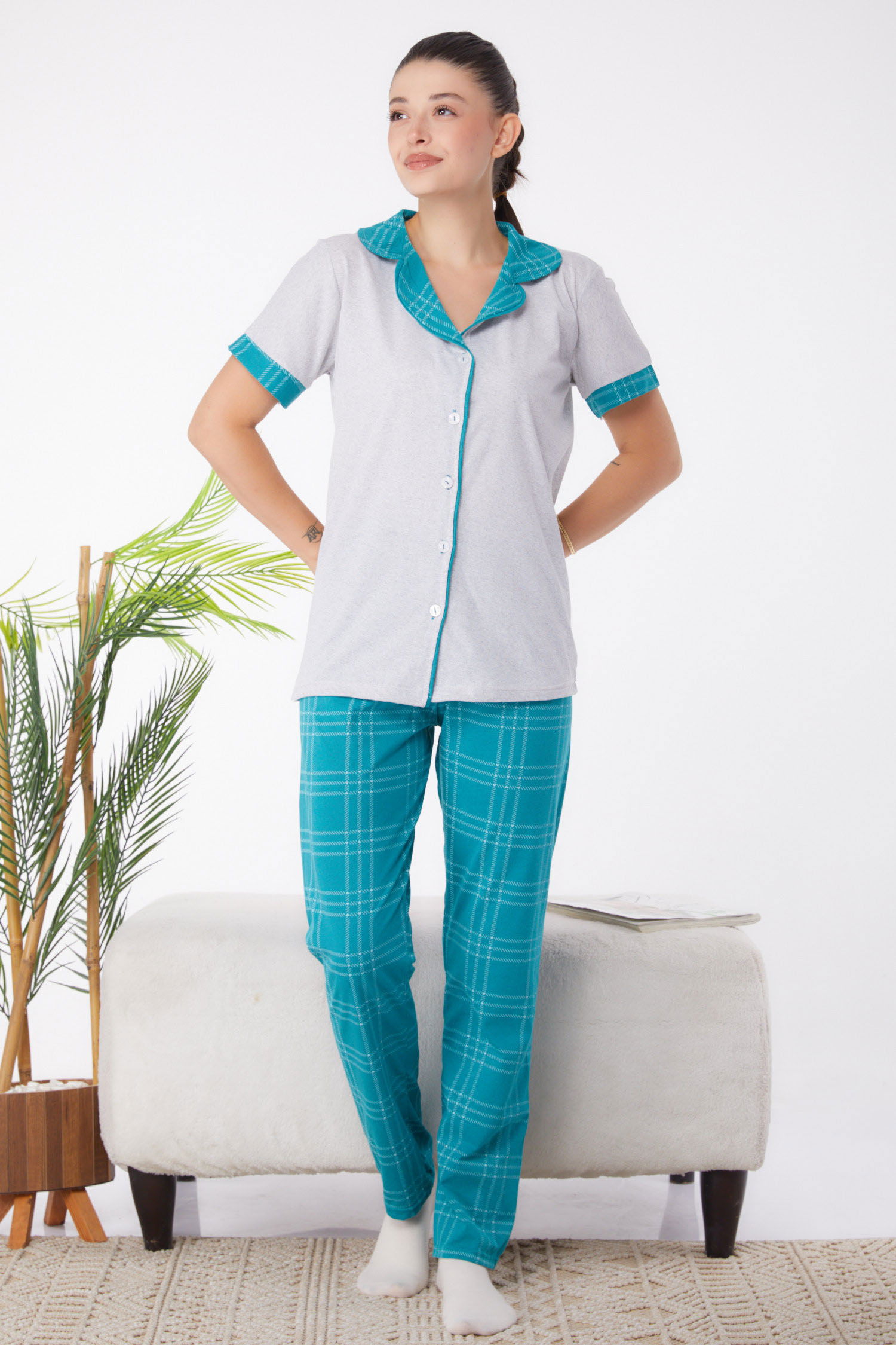 Düz Gömlek Yaka Kadın Gri Desenli Pijama Takımı - 25965 - 3