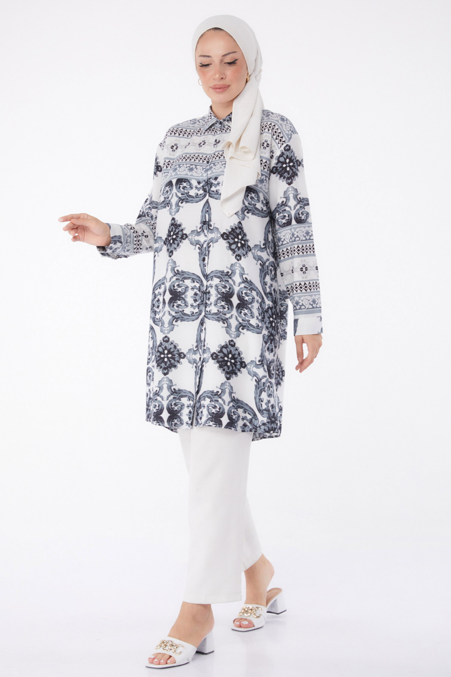 Desenli Tunik Gri - 26006 - 2