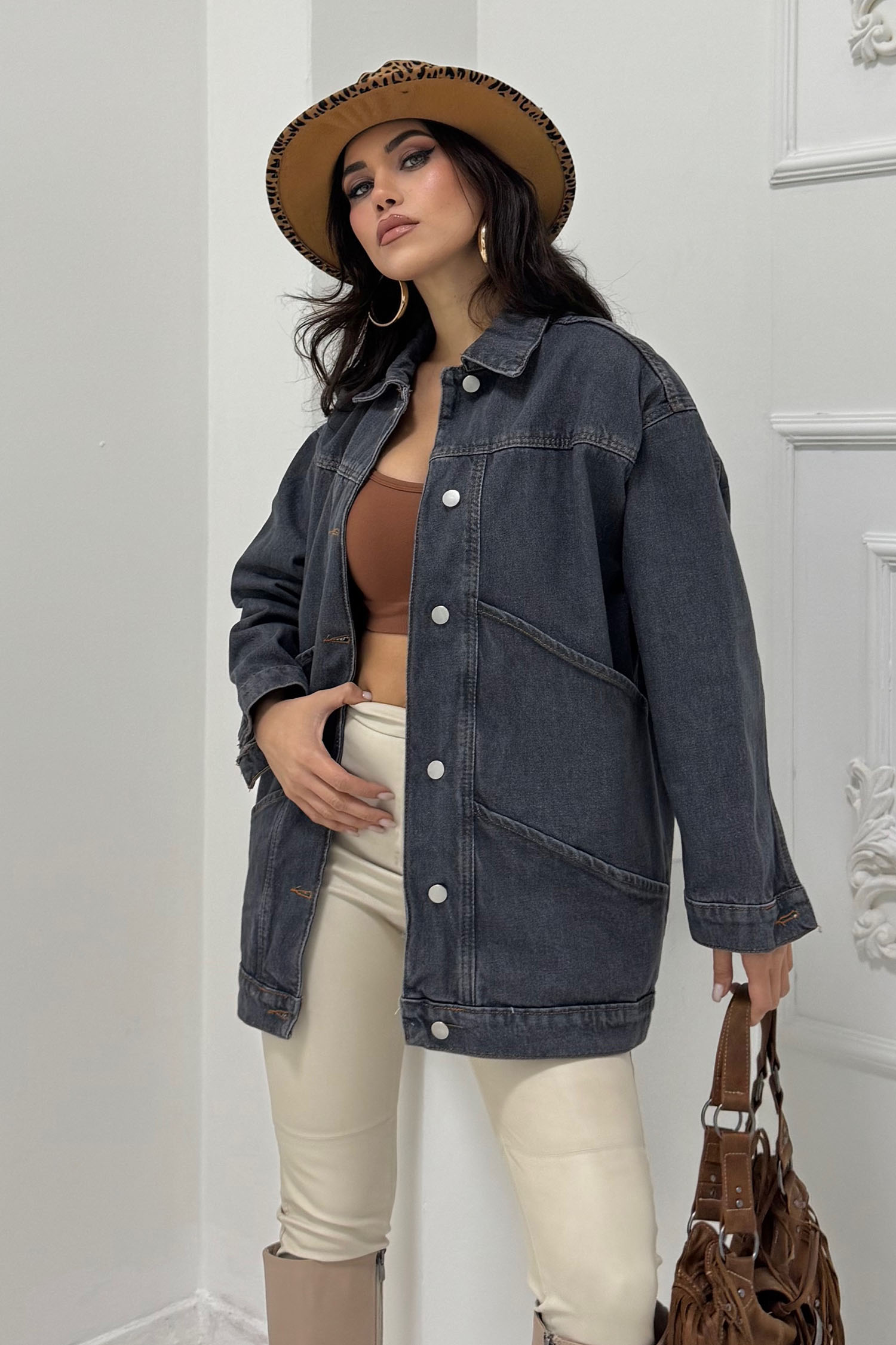 Kadın Oversize Çift Cep Detaylı Kot Ceket Gri - 26589 - 1