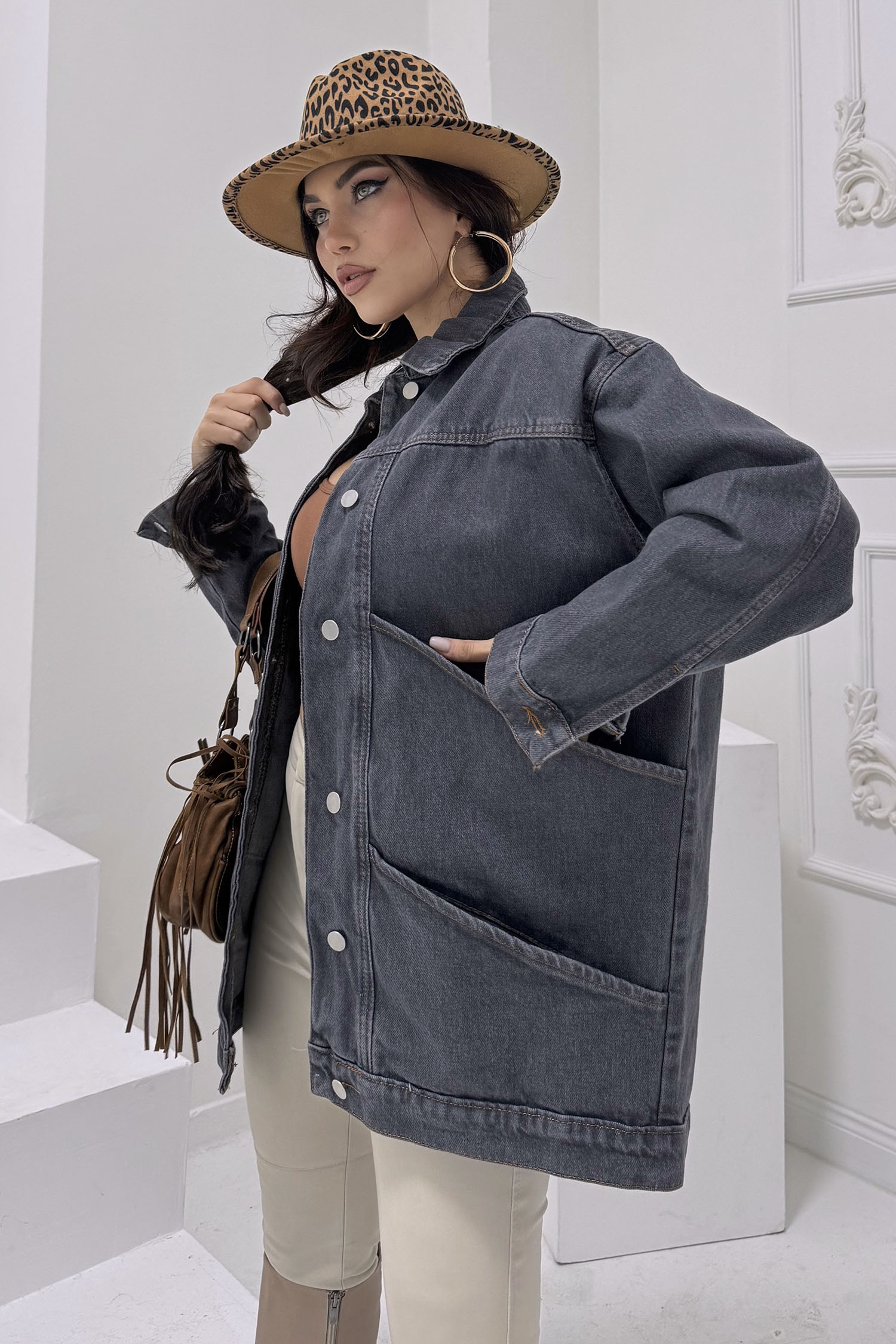 Kadın Oversize Çift Cep Detaylı Kot Ceket Gri - 26589 - 3