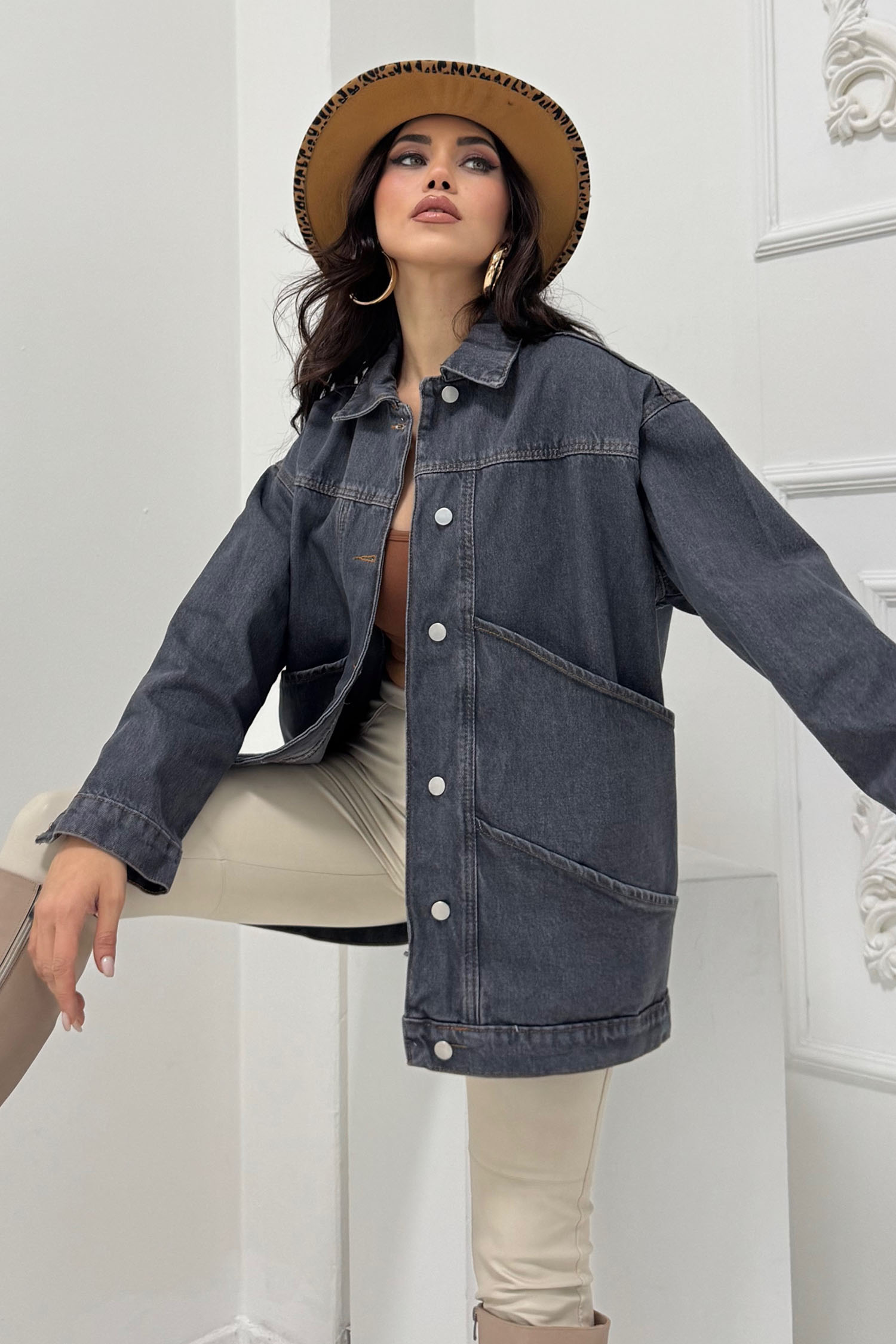 Kadın Oversize Çift Cep Detaylı Kot Ceket Gri - 26589 - 4