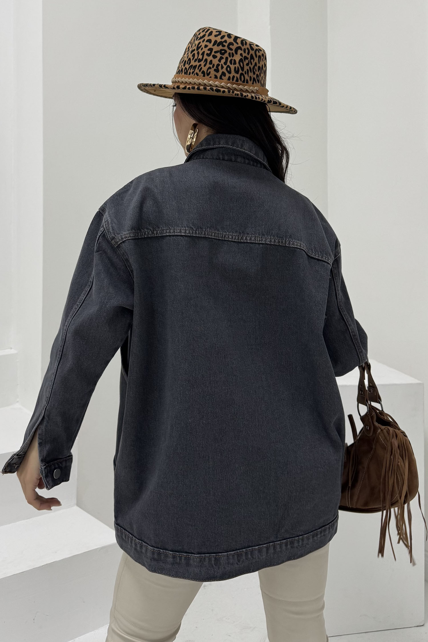 Kadın Oversize Çift Cep Detaylı Kot Ceket Gri - 26589 - 5