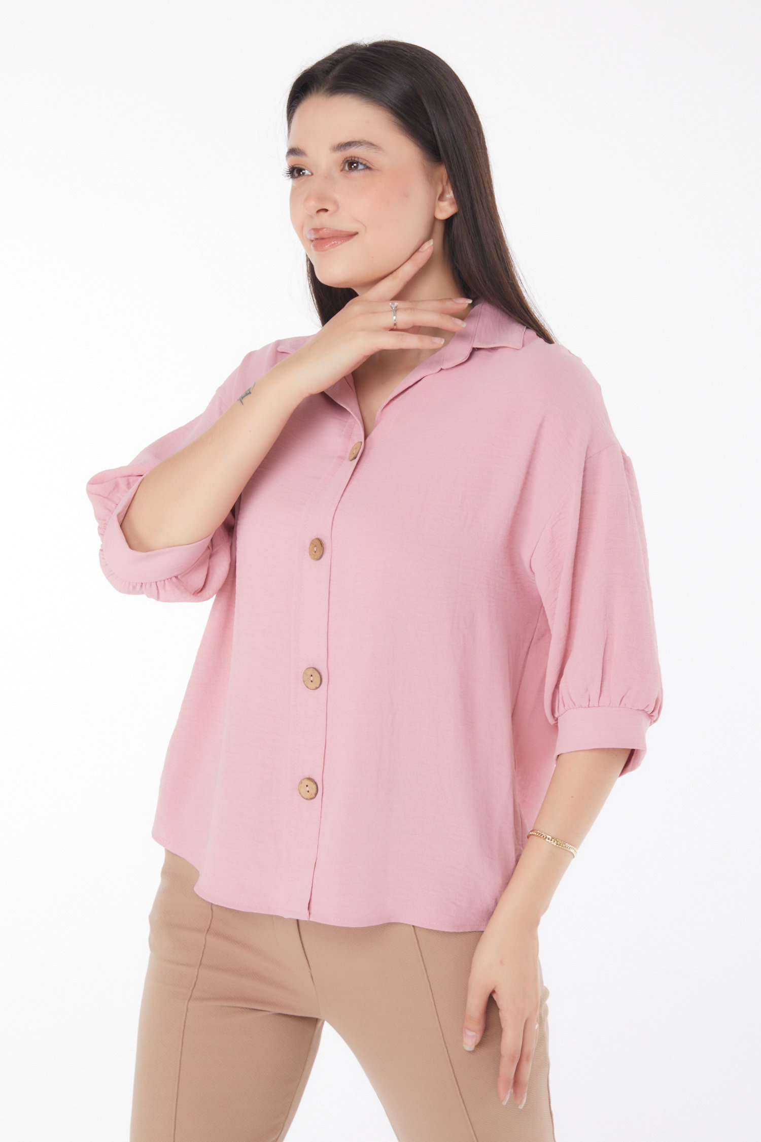 Düz Gömlek Yaka Kadın Gül Fakir Kol Gömlek - 25791 - 1