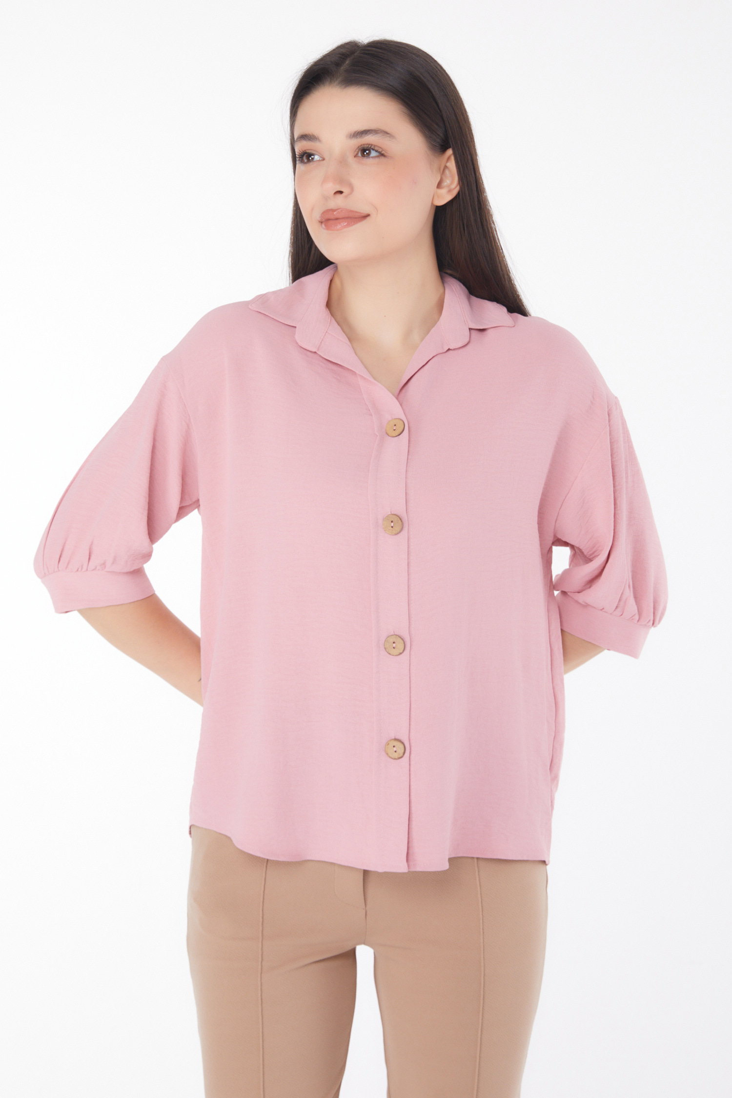 Düz Gömlek Yaka Kadın Gül Fakir Kol Gömlek - 25791 - 2