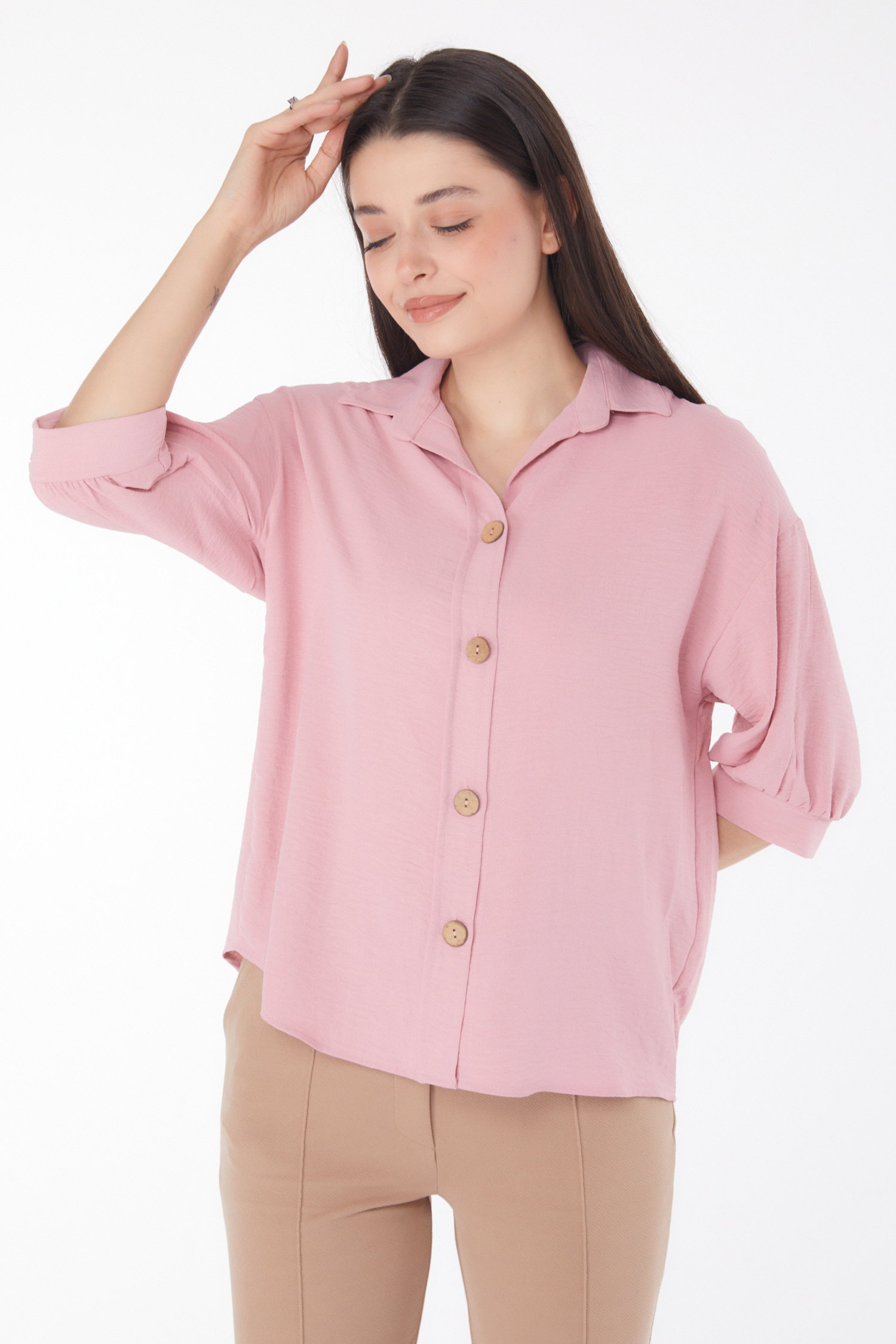 Düz Gömlek Yaka Kadın Gül Fakir Kol Gömlek - 25791 - 3