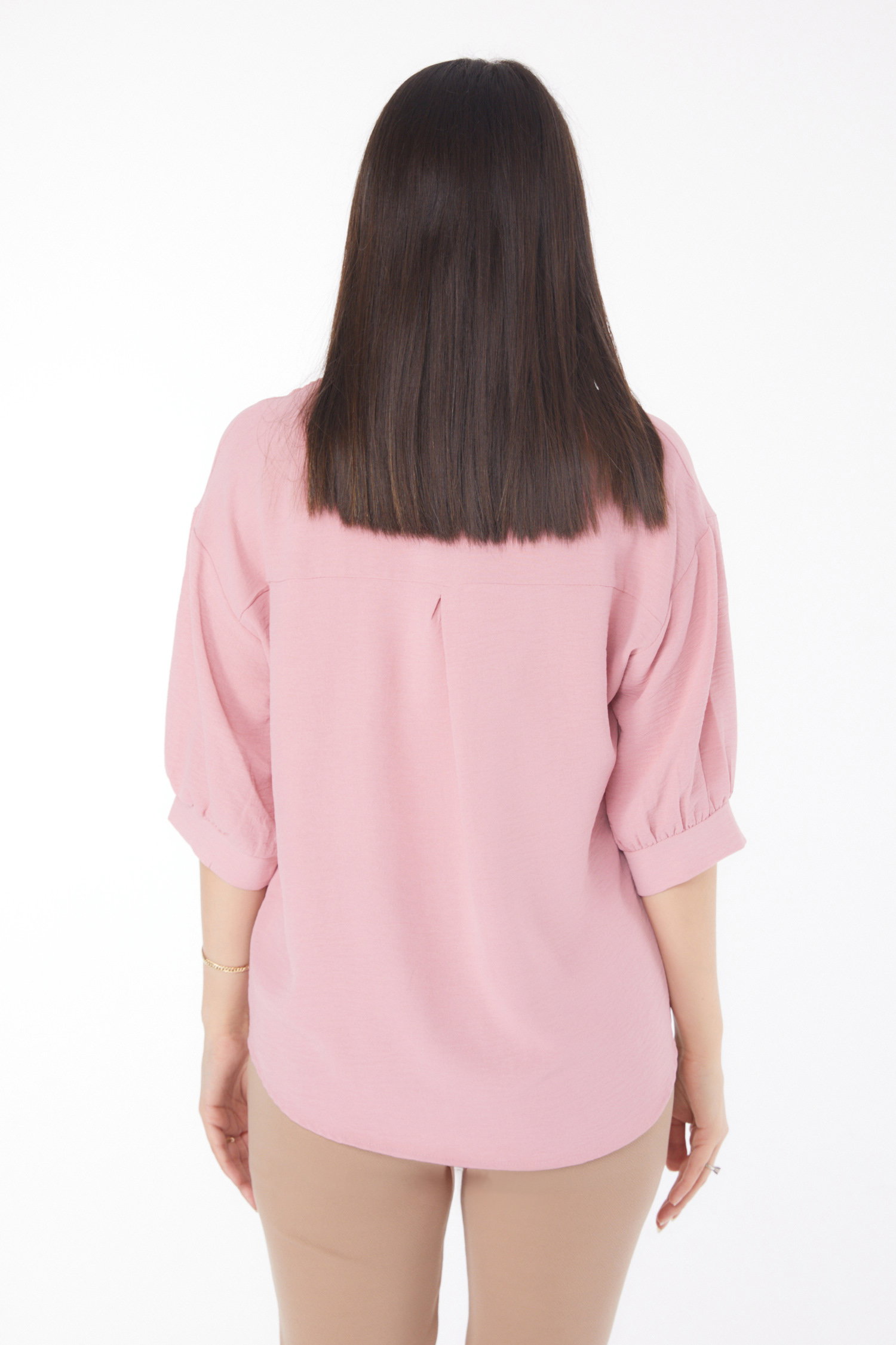 Düz Gömlek Yaka Kadın Gül Fakir Kol Gömlek - 25791 - 5