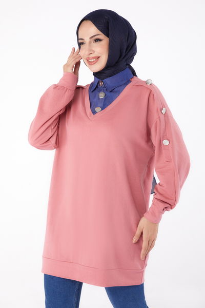 Kot Detaylı Sweatshirt Gül - 13298 