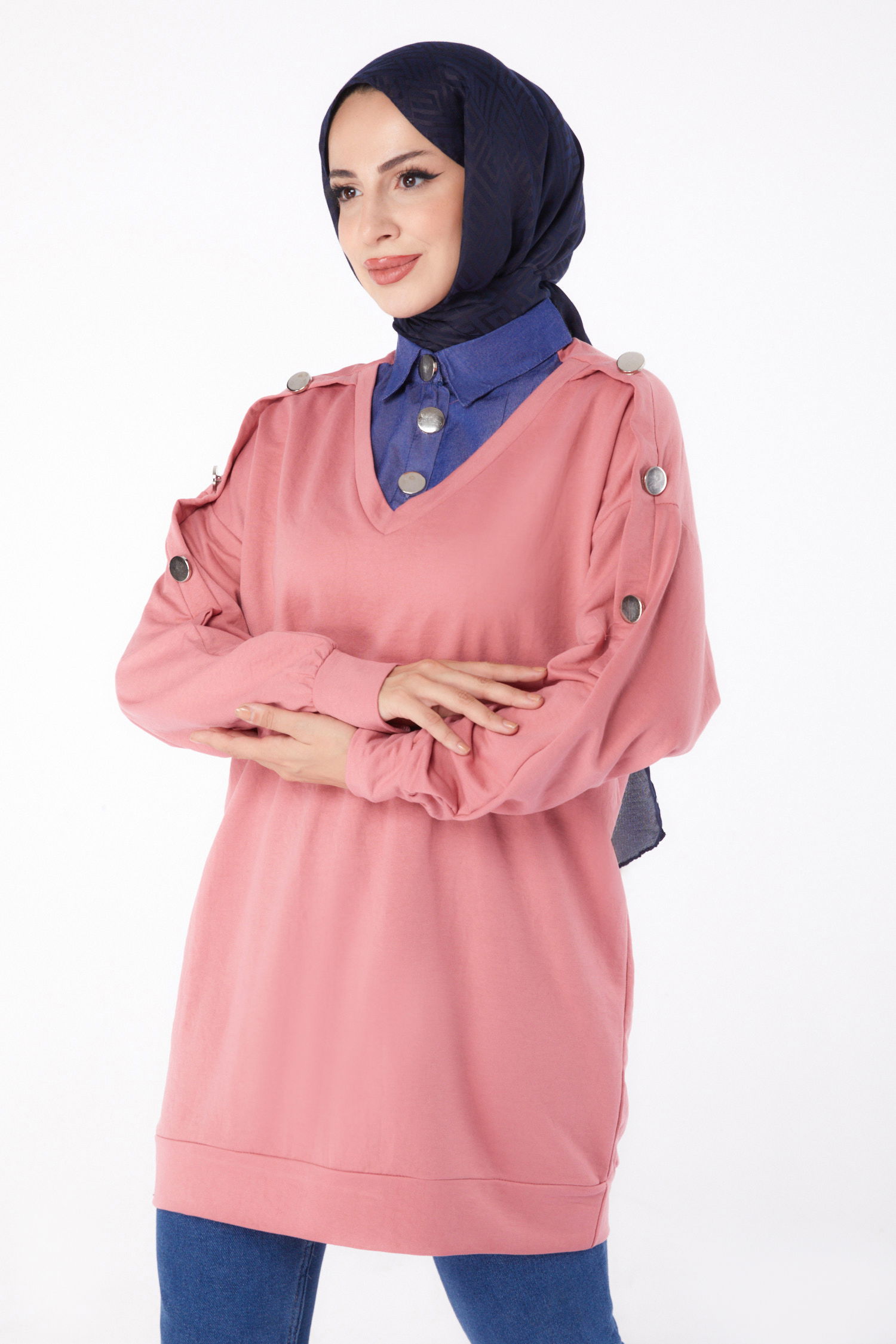 Kot Detaylı Sweatshirt Gül - 13298 - 2