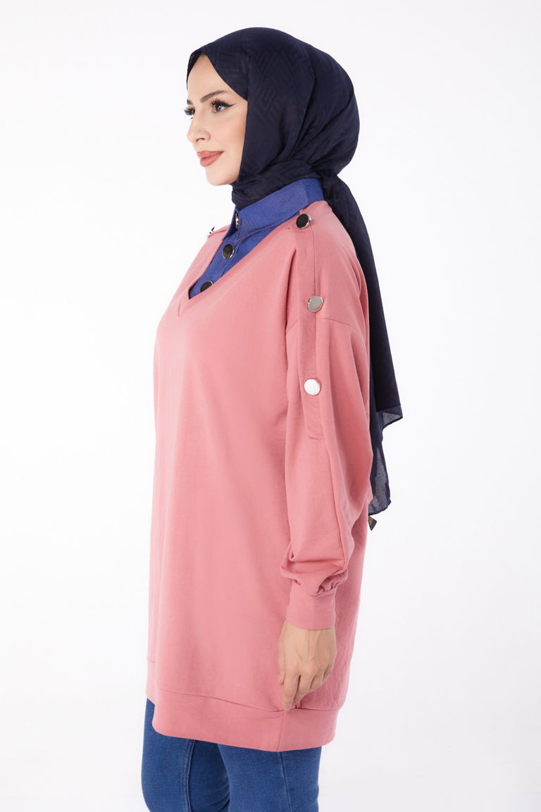 Kot Detaylı Sweatshirt Gül - 13298 - TOFİSA