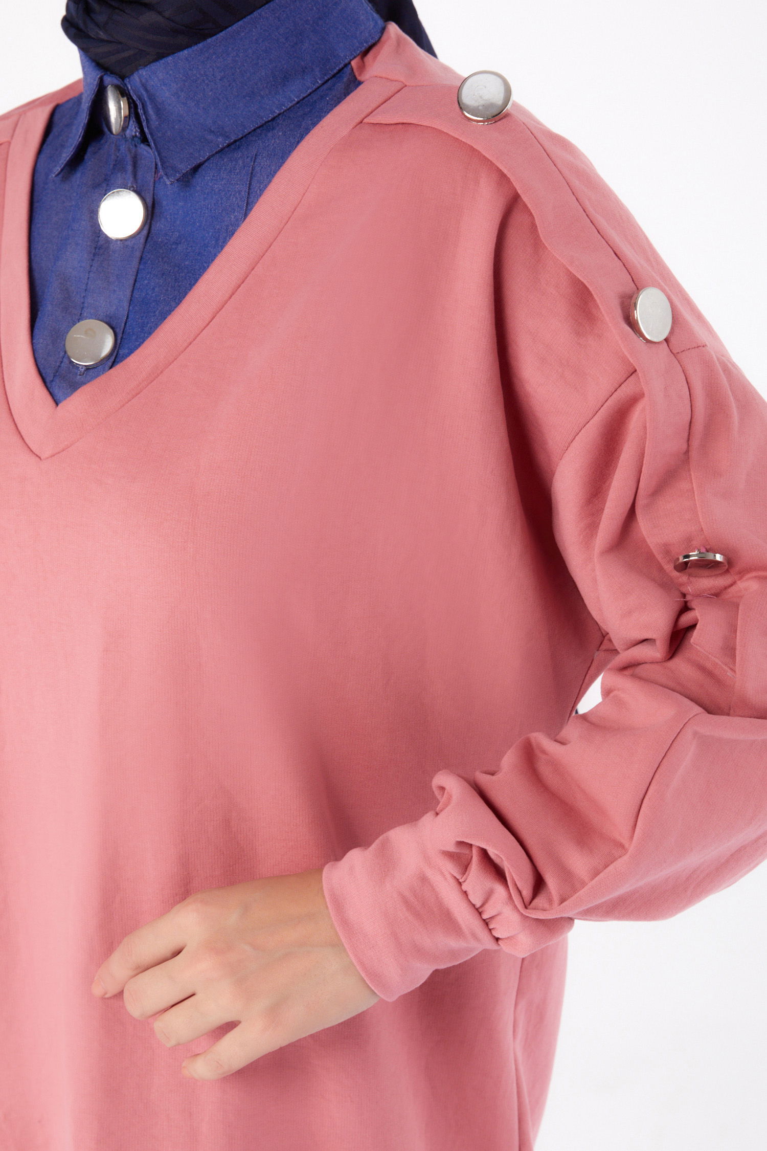 Kot Detaylı Sweatshirt Gül - 13298 - 5