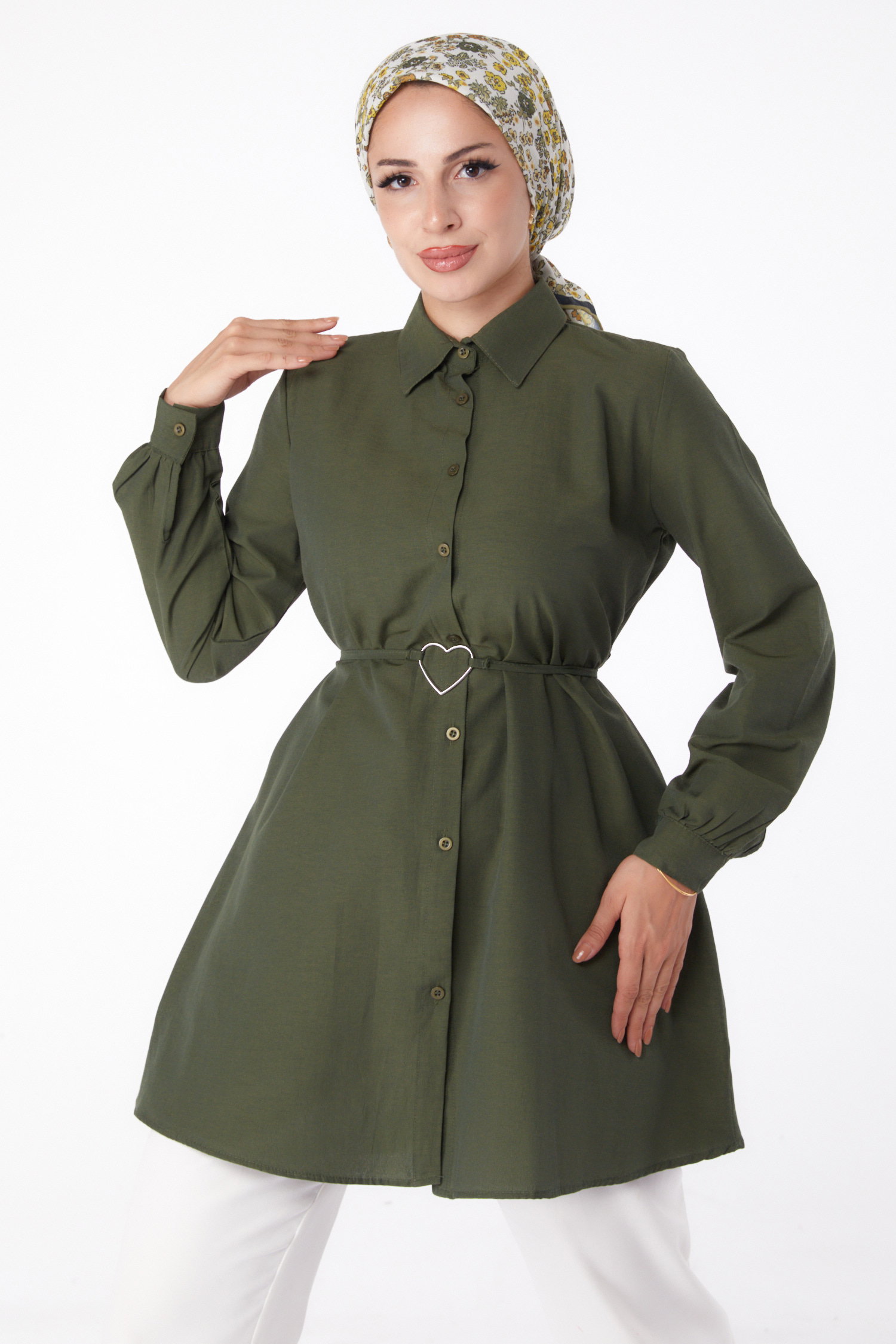 Düz Gömlek Yaka Kadın Haki Tunik - 13280 - 2