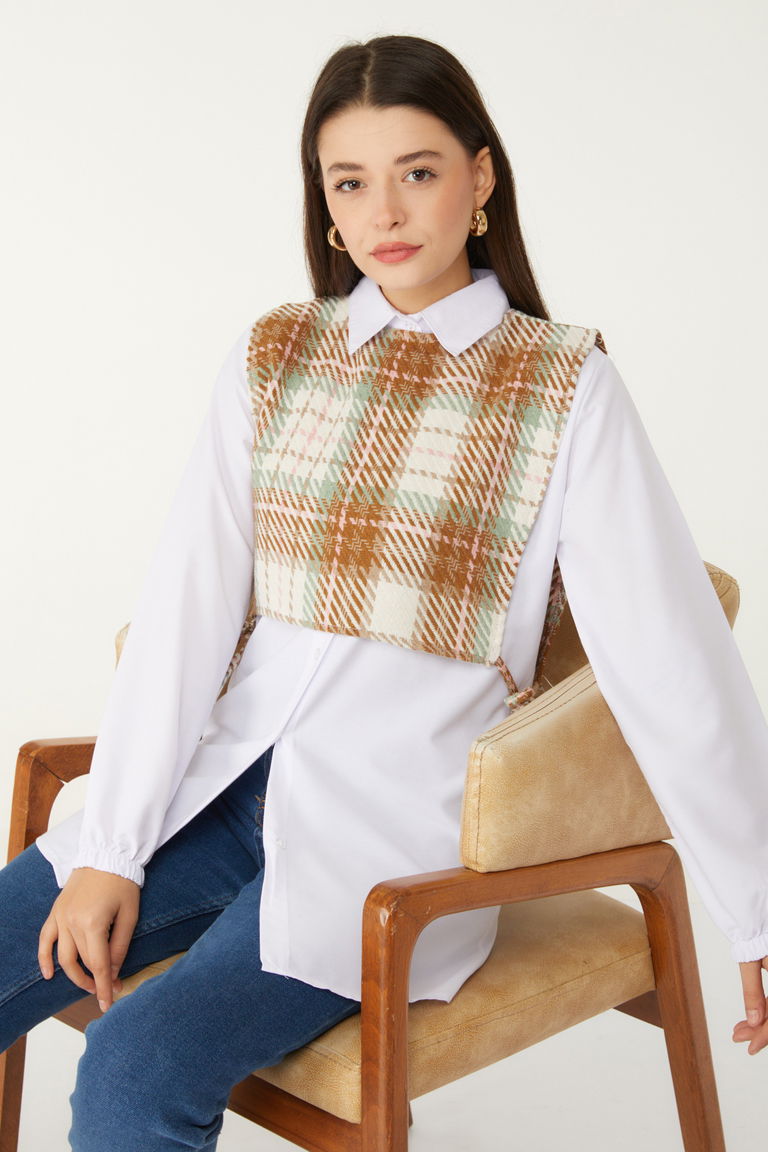 Düz Gömlek Yaka Kadın Hardal Gömlek Süveter İkili Takım - 13347 - TOFİSA