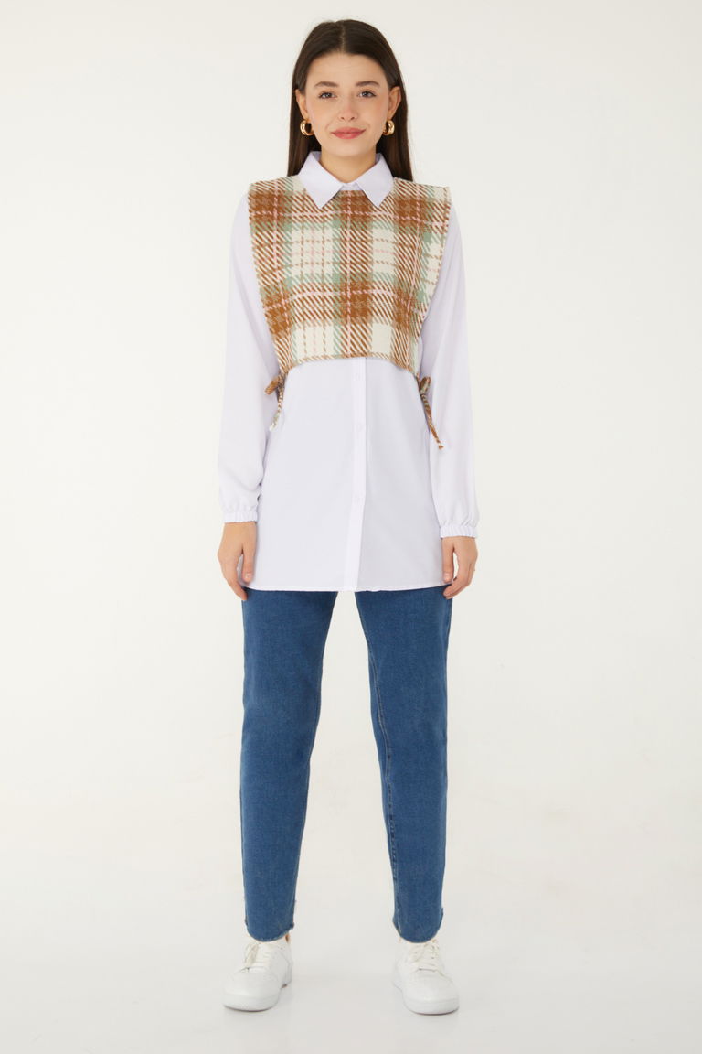 Düz Gömlek Yaka Kadın Hardal Gömlek Süveter İkili Takım - 13347 - TOFİSA