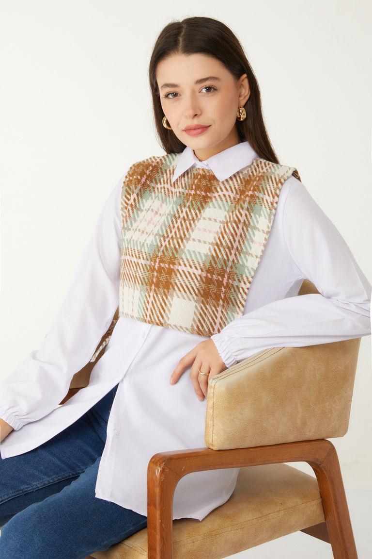 Düz Gömlek Yaka Kadın Hardal Gömlek Süveter İkili Takım - 13347 - TOFİSA