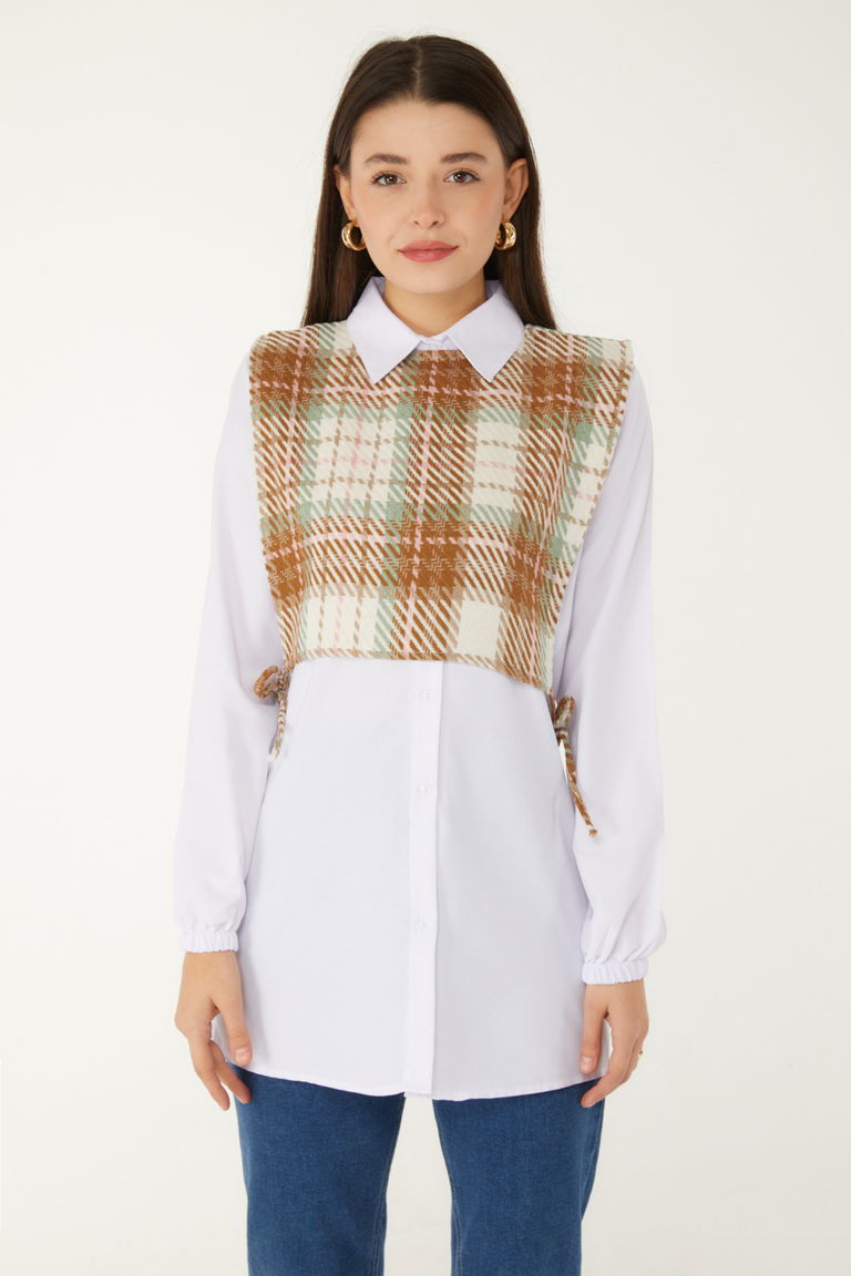 Düz Gömlek Yaka Kadın Hardal Gömlek Süveter İkili Takım - 13347 - TOFİSA